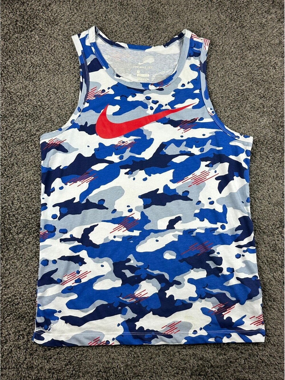 Nike Dri-Fit Mens M Blue Camo Sleeveless Tank Top Red Swoosh Graphic
